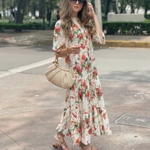 Zara Floral Print Ruffle Tiered Button Up Dress .